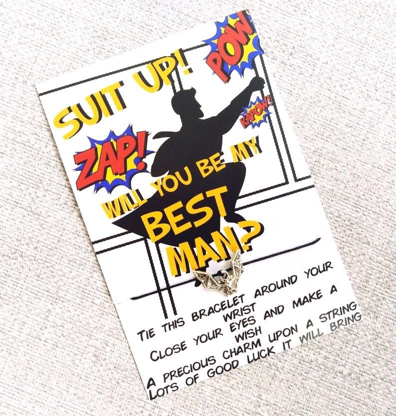 Suit Up Bracelet Comic Book Will You Be My Best Man, Usher, Groomsman, Paige Boy, Bridesmaid Maid of Honour Favors Favours Wedding Party Bag
