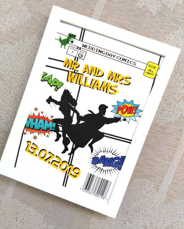Superhero Couples Framed Print!Personalised Personalized With Superheroes and Names!Perfect Gift For Paper Anniversary Custom Comic Hero