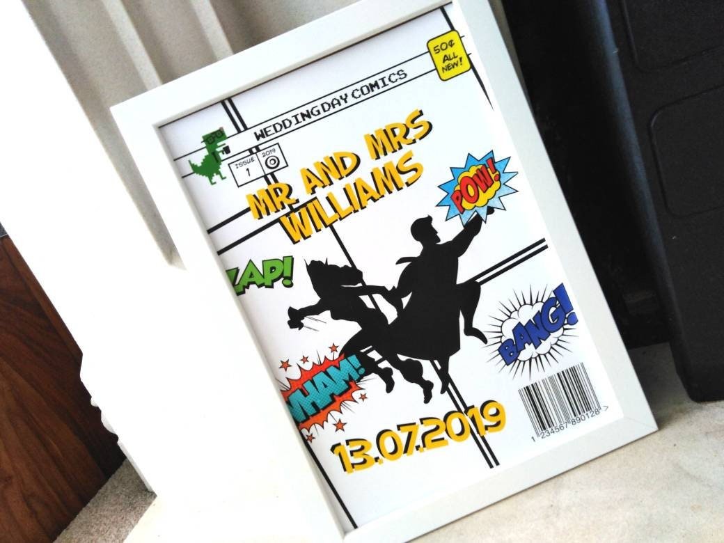 Superhero Couples Framed Print!Personalised Personalized With Superheroes and Names!Perfect Gift For Paper Anniversary Custom Comic Hero