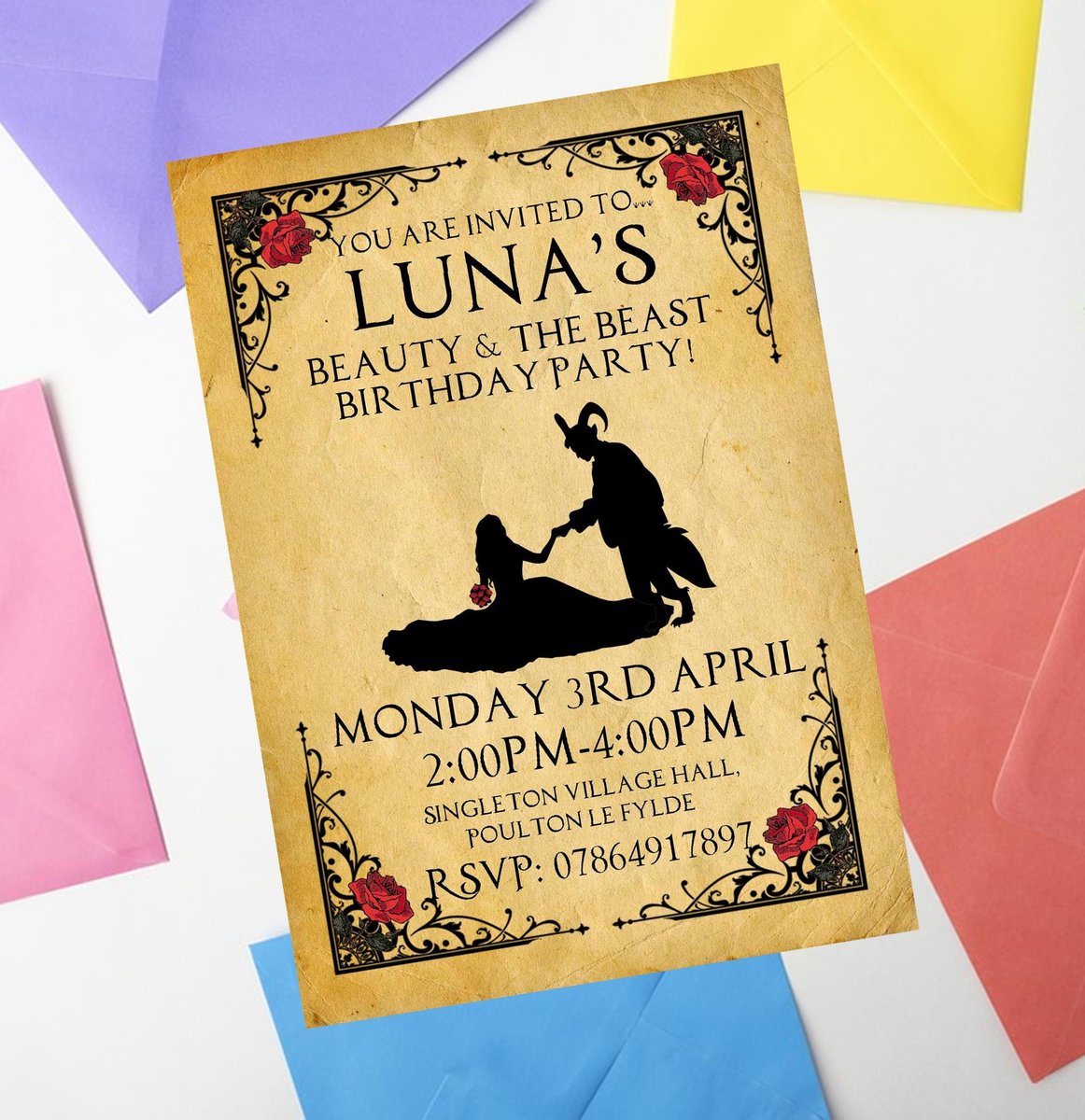 Fairytale Invites Beauty and Beast,Peter Pan,Alice,Little Mermaid,Aladdin,Rapunzel Personalized Personalised Wedding Birthday Invitations BK