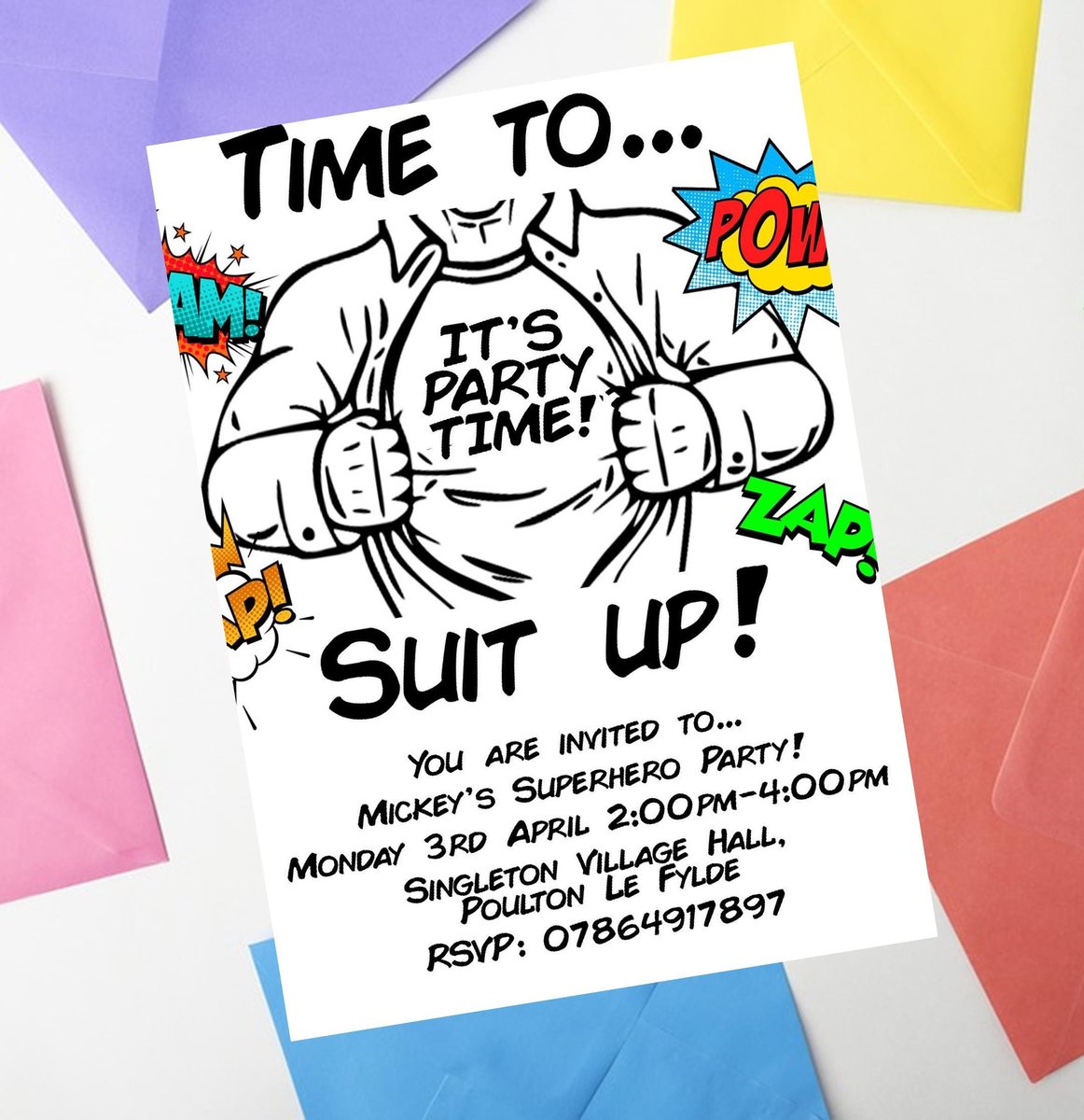 Suit Up It's Party Time! Birthday Invites Invitations Personalised Personalized Perfect for Superhero, Comic Book Birthday Party, Custom