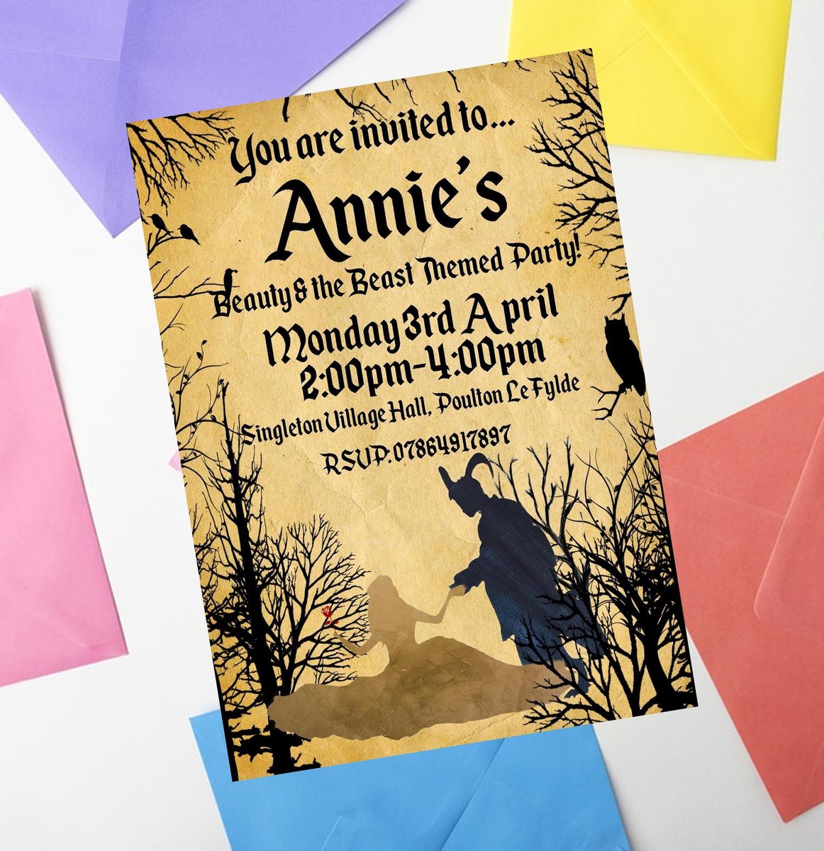 Fairytale Invites Beauty and Beast,Peter Pan,Alice,Little Mermaid,Aladdin,Rapunzel Personalized Personalised Wedding Birthday Woodland