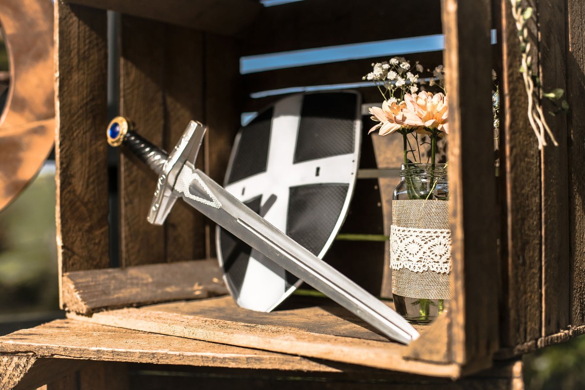 Sleeping Beauty Prince Sword and Shield Centrepiece Perfect for Fairytale Themed Weddings Briar Rose Themed Table Spindle Birthday Shower