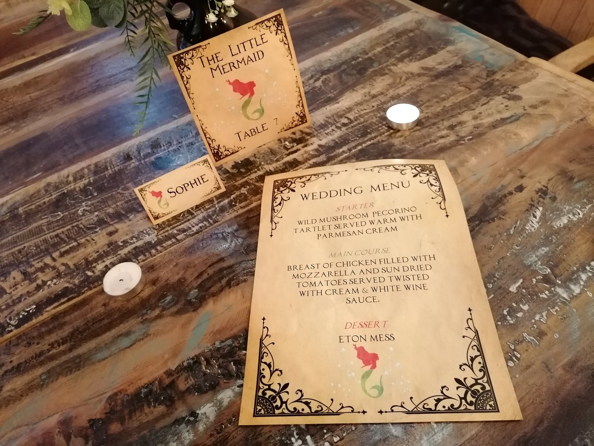 Fairytale Wedding Menu,Table Name & Name Place Beauty and the Beast Aladdin Little Mermaid Rapunzel Sleeping Beauty Cinderella Name Card