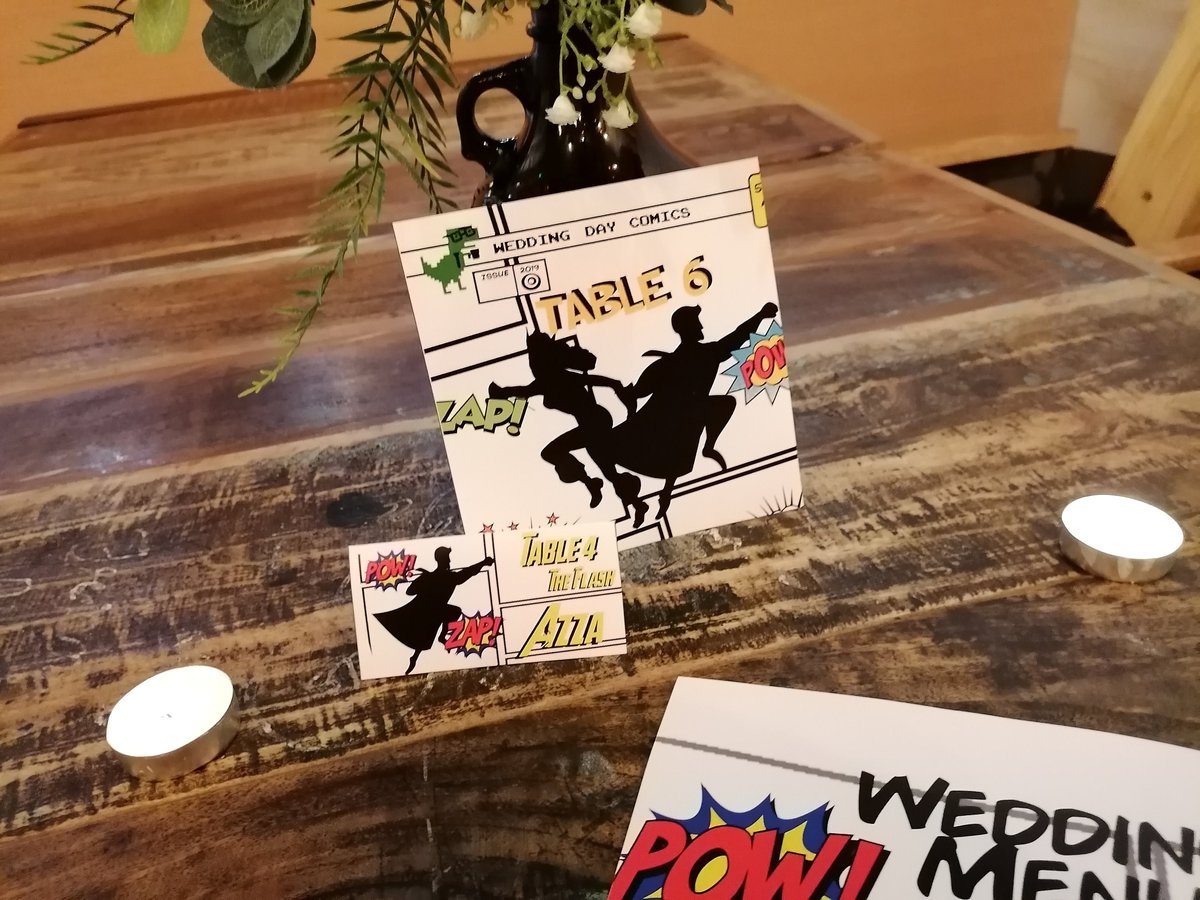 Comic Book Style Wedding Menu,Table Name & Name Place Cards Superhero Comic Weddings, Parties, Comic Con, Events,Table Decorations Name Card