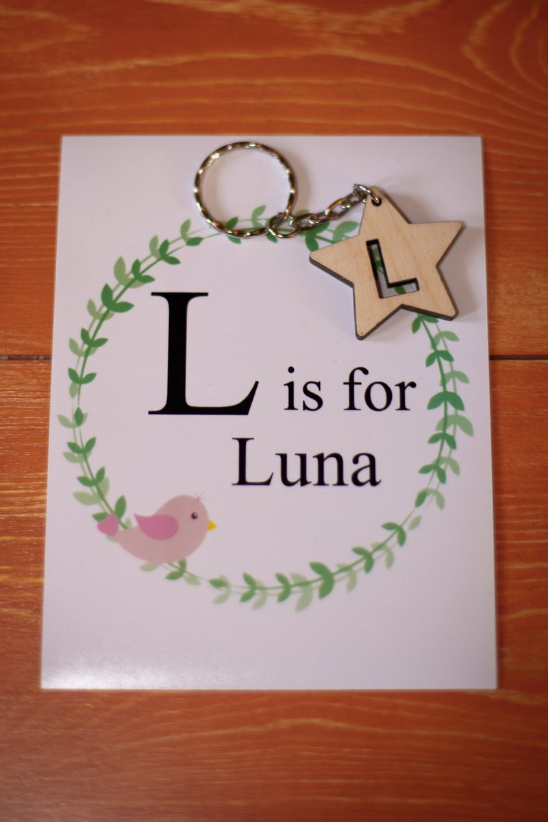 Alphabet Letter Keychain Keyring Featuring Name and Letter. Personalised Personalized Wooden Star Keyring Engraved Keepsake Gift