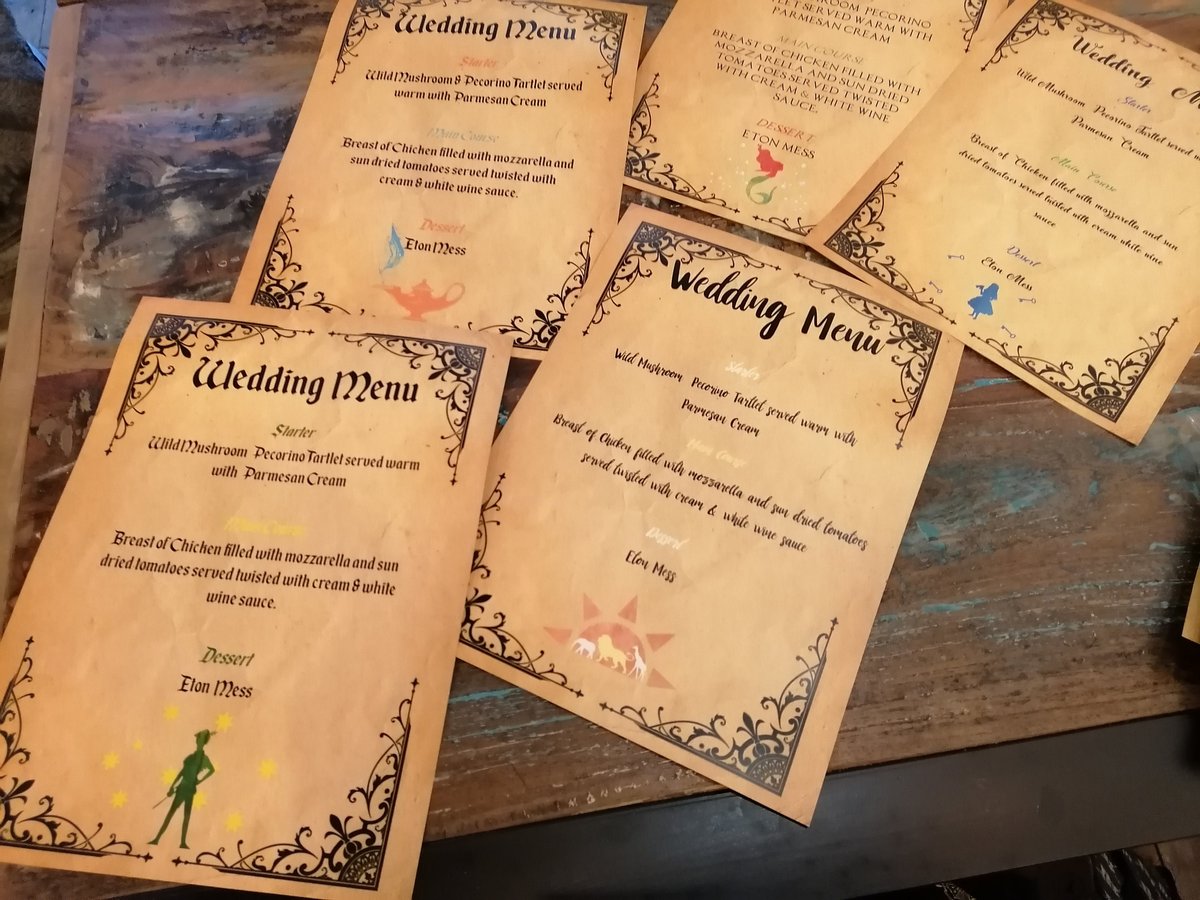 Fairytale Wedding Menu,Table Name & Name Place Beauty and the Beast Aladdin Little Mermaid Rapunzel Sleeping Beauty Cinderella Name Card