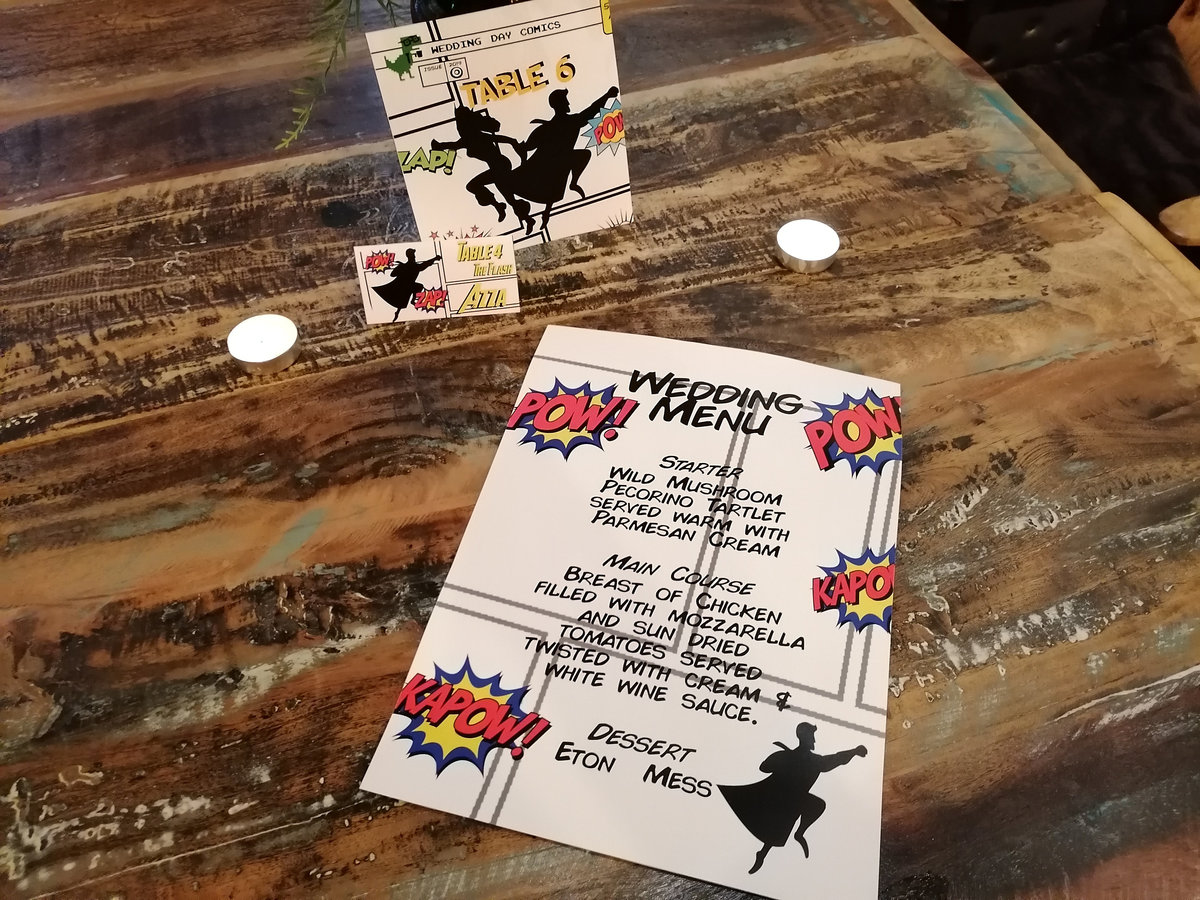 Comic Book Style Wedding Menu,Table Name & Name Place Cards Superhero Comic Weddings, Parties, Comic Con, Events,Table Decorations Name Card