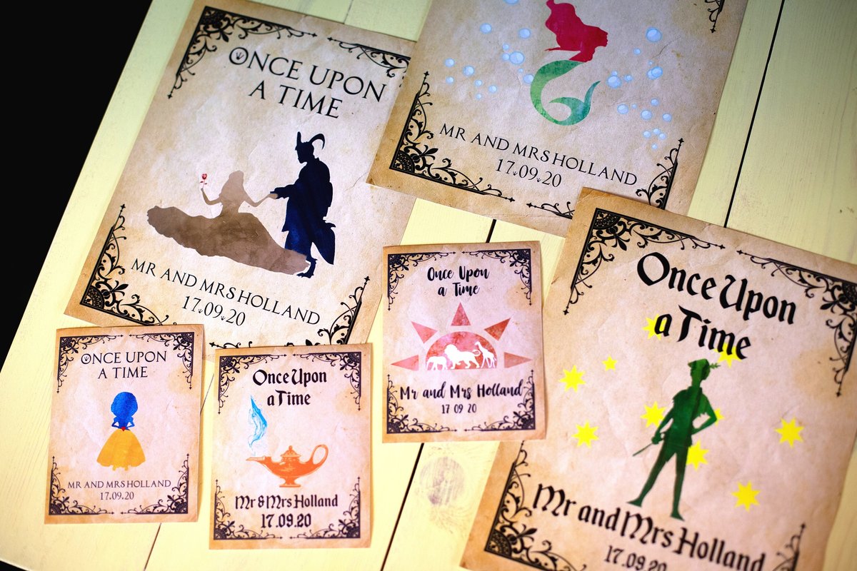 Fairytale Silhouette Poster Print Beauty and the Beast Aladdin Little Mermaid Sleeping Beauty Cinderella Alice Personalised Wedding Sign Col