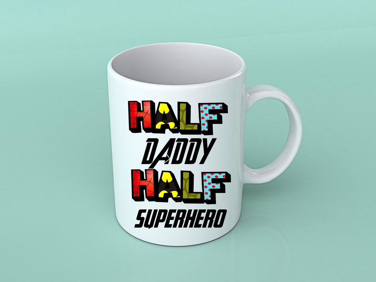 Half Daddy Half Superhero Mug Personalised Personalized Superhero Comic Fathers Day Retro Dad Kitchen Gift Mug Cup Coffee Tea Man Cave Gift