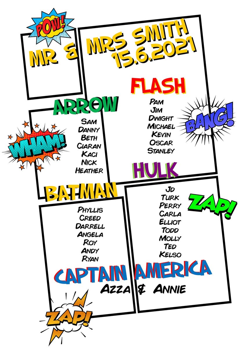 Comic Themed Wedding Table Plan Seating Chat Print Personalised Personalized! Superhero Wedding, Comic Book Table Decorations Decor Hero PDF