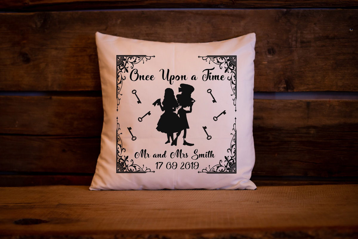 Fairytale Cushion Personalised Personalized Custom Fairytale Beauty and the Beast Wedding Engagement Sleeping Beauty Aladdin Alice Mr & Mrs