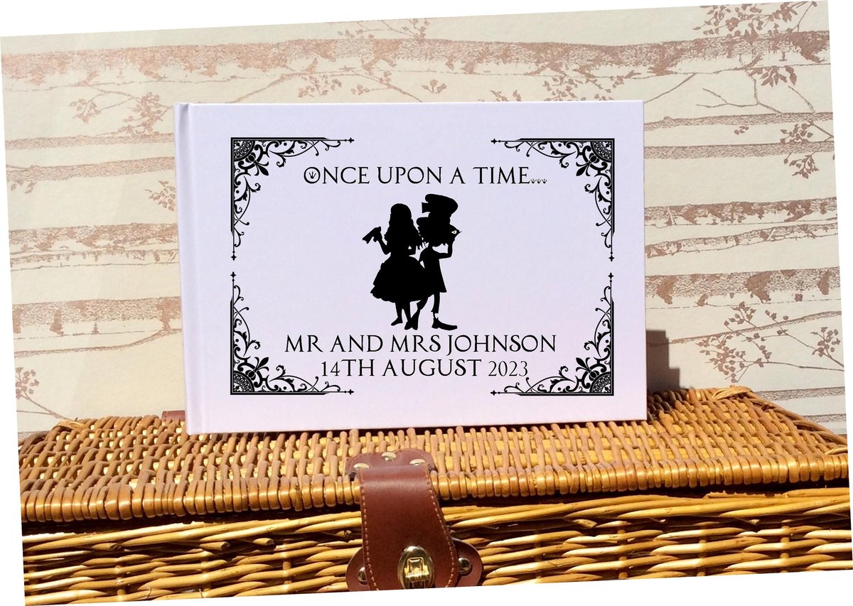 Alice and Mad Hatter Wonderland Wedding Guestbook Silhouette Personalised Personalized Perfect for Wonderland and Fairytale Weddings White