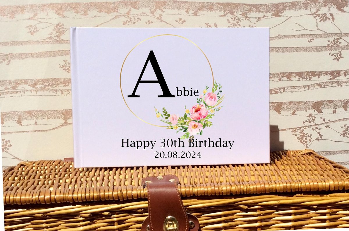 Floral Alphabet Birthday Guestbook Personalised Personalized Custom Letters 21st, 18th, 30th, 40th, 50th, 60th White Birthday Book
