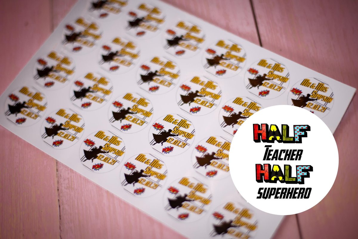 Half Superhero Half Teacher 100 x Stickers Self adhesive Personalised Personalized Custom Labels Stickers Jars, Candles, Craft, Wedding