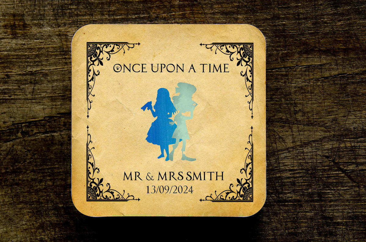 Alice in Wonderland Fairytale Wedding Coasters Favours Favors Personalized Personalised Engagement Anniversary Birthday Gift Present Colour