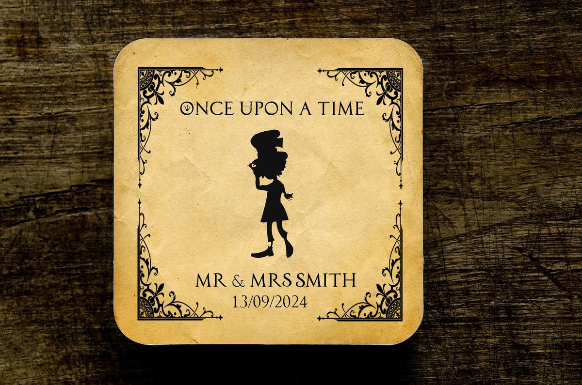 Mad HatterWonderland Fairytale Wedding Coasters Favours Favors Personalized Personalised Engagement Anniversary Birthday Gift Present Black
