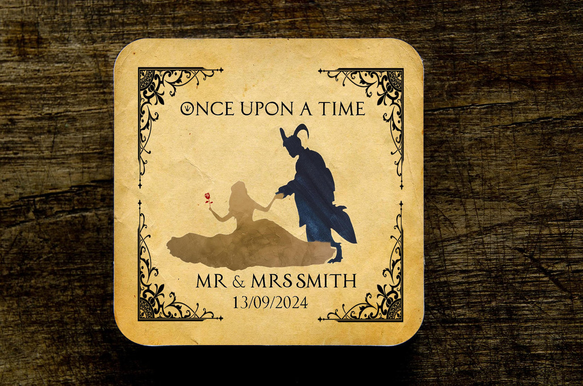 Beauty and the Beast Fairytale Wedding Coasters Favours Favors Personalized Personalised Engagement Anniversary Birthday Gift Present Colour