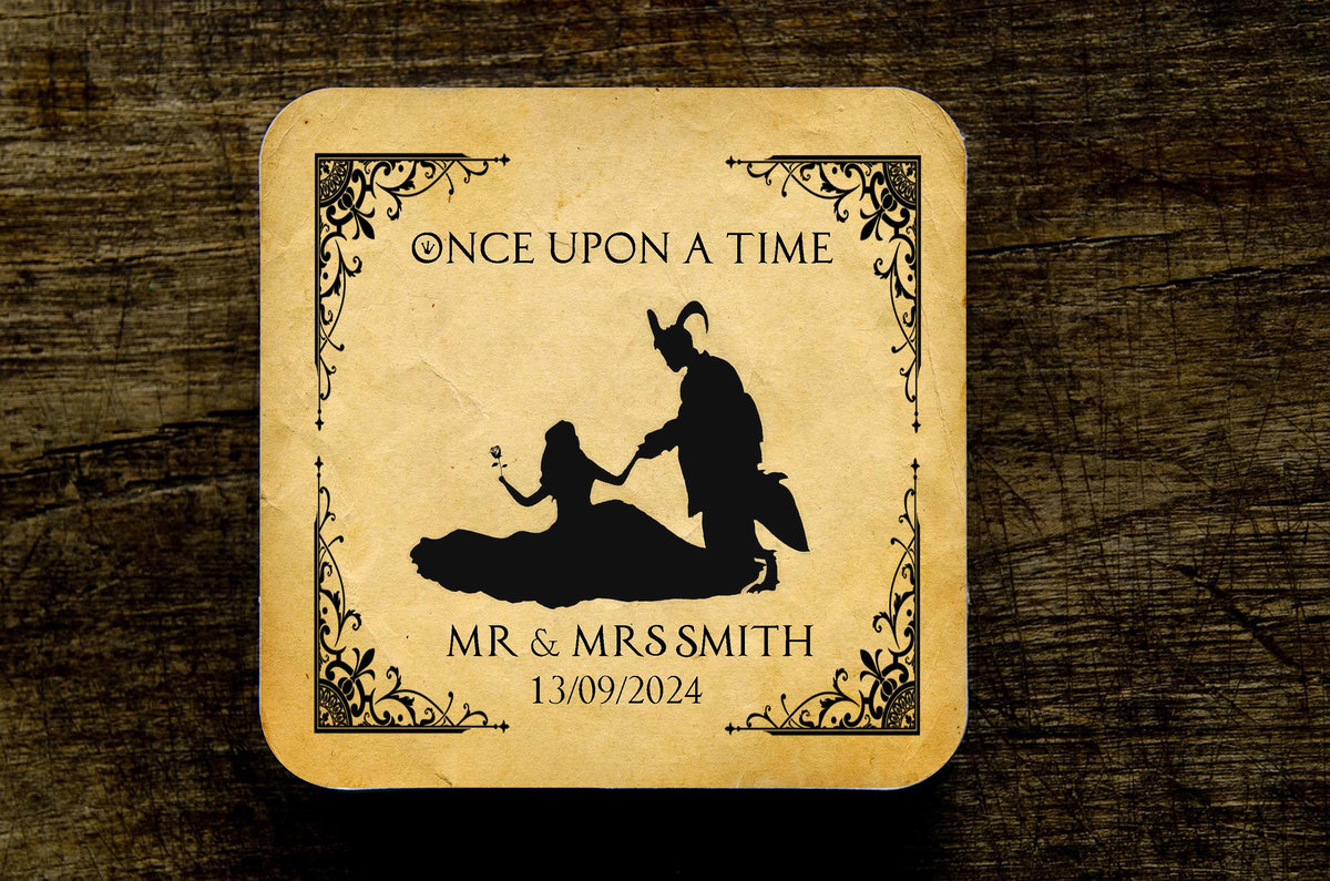 Beauty and the Beast Fairytale Wedding Coasters Favours Favors Personalized Personalised Engagement Anniversary Birthday Gift Present Black