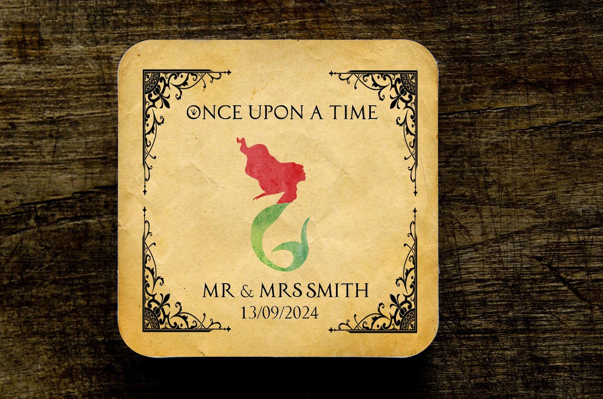 Little Mermaid Fairytale Wedding Coasters Favours Favors Personalized Personalised Engagement Anniversary Birthday Gift Present Colour