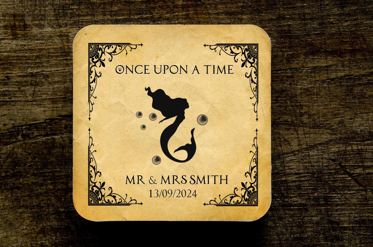 Little Mermaid Fairytale Wedding Coasters Favours Favors Personalized Personalised Engagement Anniversary Birthday Gift Present Black