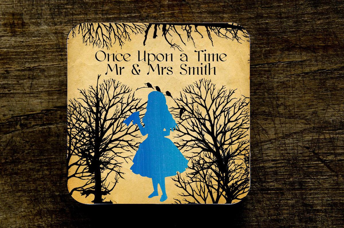 Alice Wonderland Fairytale Wedding Coasters Favours Favors Personalized Personalised Engagement Anniversary Birthday Gift Present Woodland