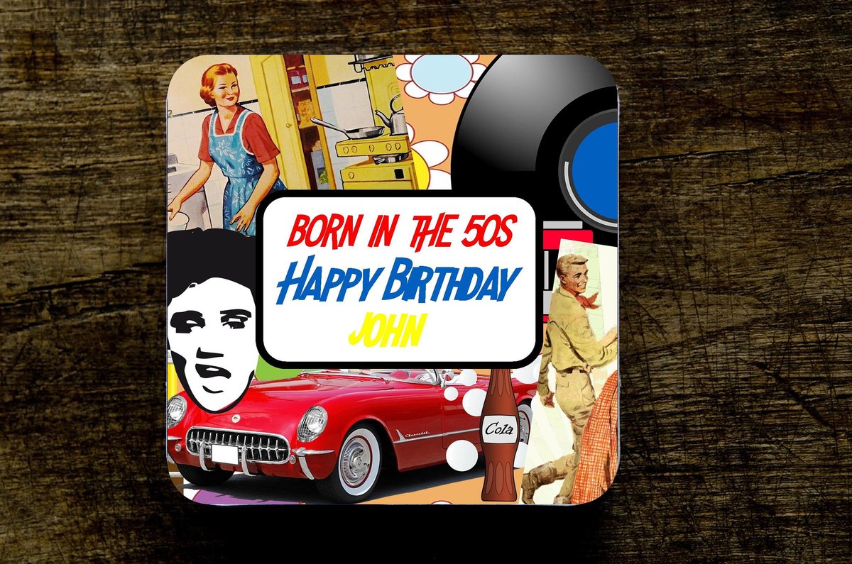 Born in the 50s Decades Birthday Coaster Personalised Personalized!Big Birthday Keepsake Nostalgia, Retro,Beer,Coffee, Tea Custom Coaster