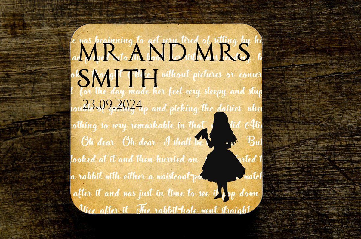 Alice Wonderland Storybook Wedding Coasters Favours Favors Personalized Personalised Engagement Anniversary Birthday Gift Present Woodland