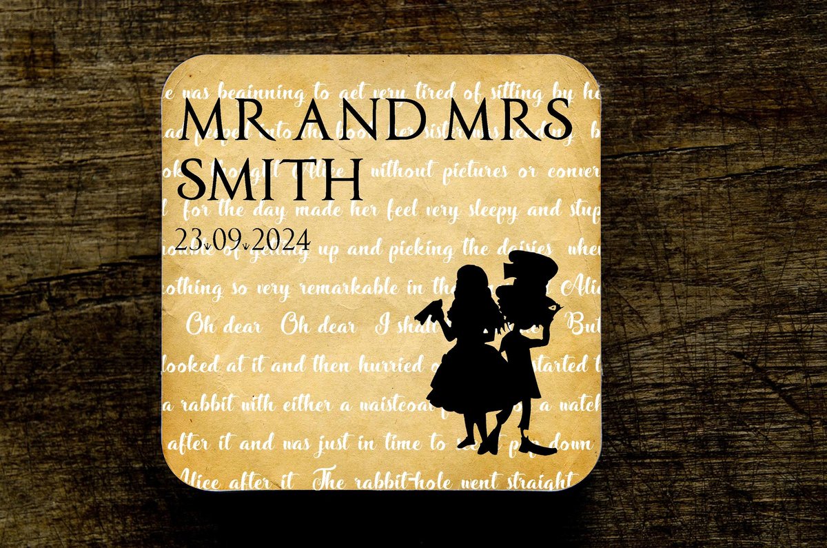 Alice and Mad Hatter Storybook Wedding Coasters Favours Favors Personalized Personalised Engagement Anniversary Birthday Present Woodland
