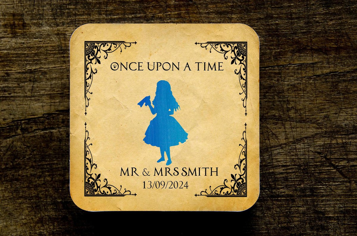 Alice in Wonderland Fairytale Wedding Coasters Favours Favors Personalized Personalised Engagement Anniversary Birthday Gift Present Color