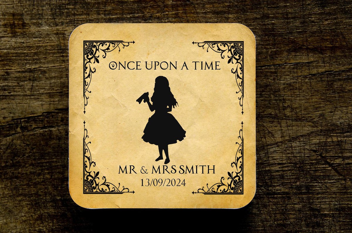 Alice in Wonderland Fairytale Wedding Coasters Favours Favors Personalized Personalised Engagement Anniversary Birthday Gift Present Black
