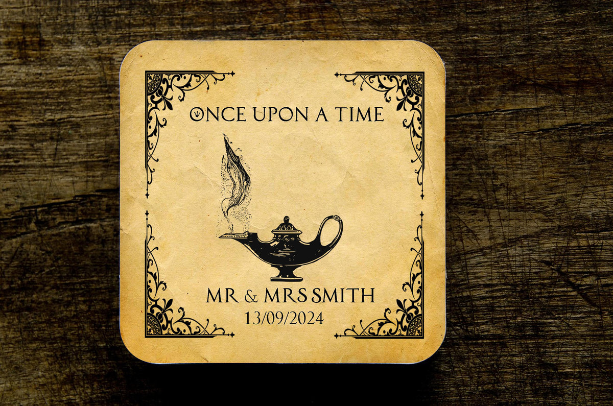 Aladdin Genie Lamp Fairytale Wedding Coasters Favours Favors Personalized Personalised Engagement Anniversary Birthday Gift Present Black