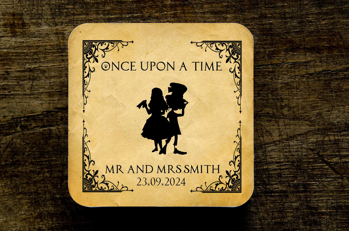 Alice and Hatter Black Fairytale Wedding Coasters Favours Favors Personalized Personalised Engagement Anniversary Birthday Gift Present