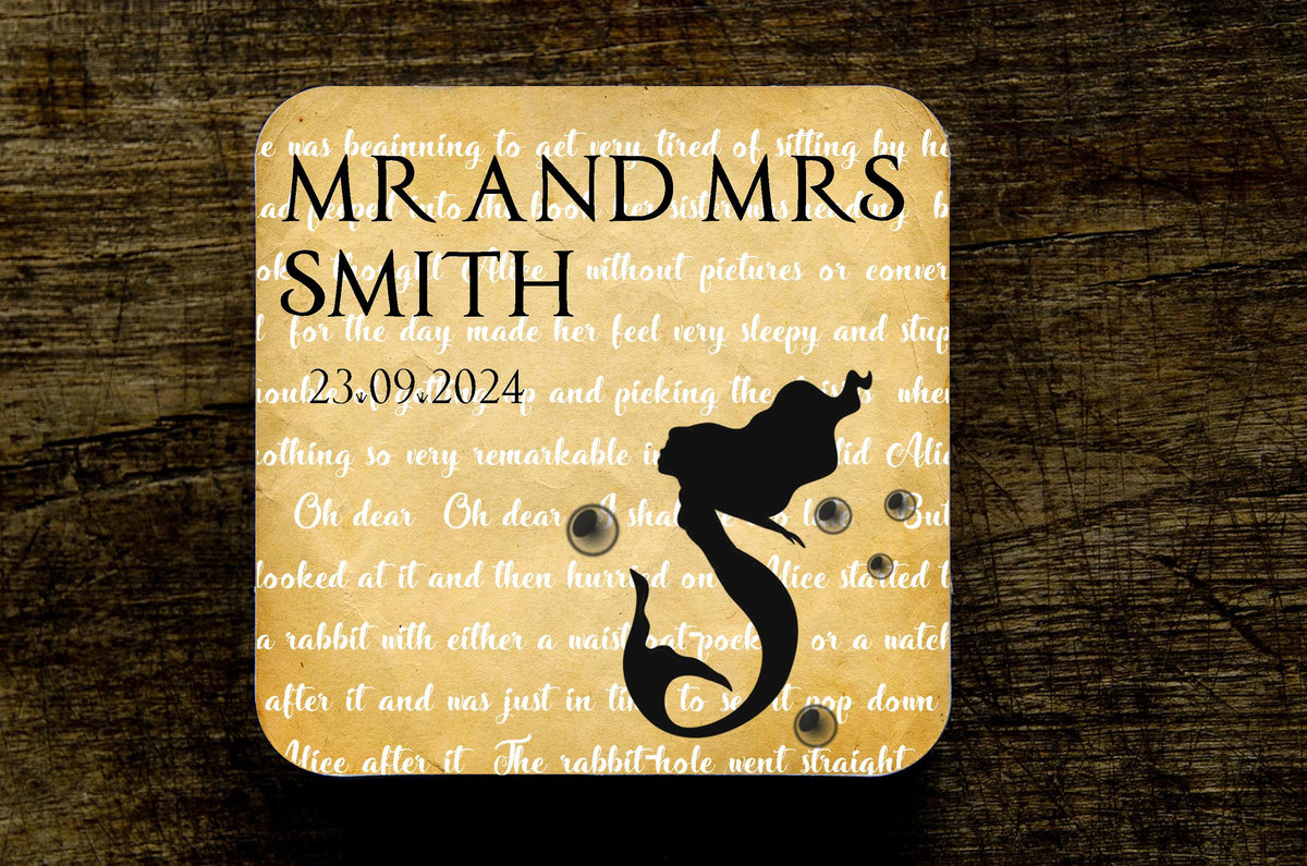 Little Mermaid Storybook Wedding Coasters Favours Favors Personalized Personalised Engagement Anniversary Birthday Gift Present Colour