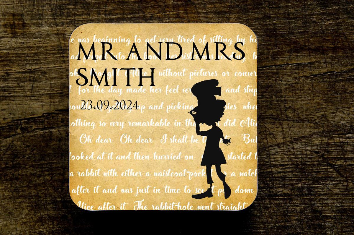 Mad Hatter Storybook Fairytale Wedding Coasters Favours Favors Personalized Personalised Engagement Anniversary Birthday Gift Present Color