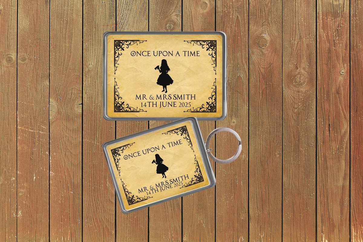 Alice in Wonderland Fairytale Wedding Keychain Keyring Magnets Favours Favors Personalized Personalised Custom Brithday Wedding Black