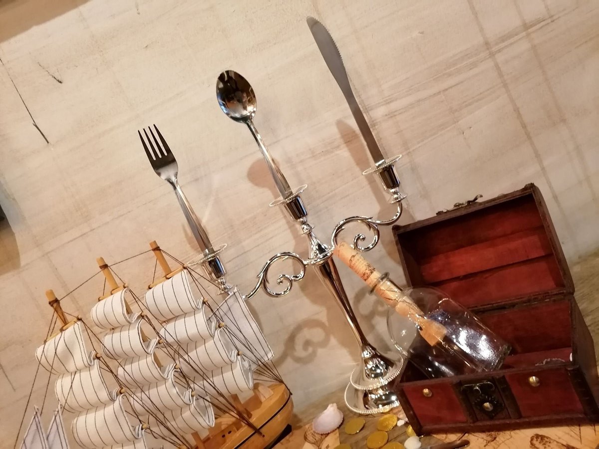 Little Mermaid Silver Candelabra with Knife, Fork, Spoon Perfect for Fairytale Themed Weddings and Parties Centrepiece Candlestick Holder