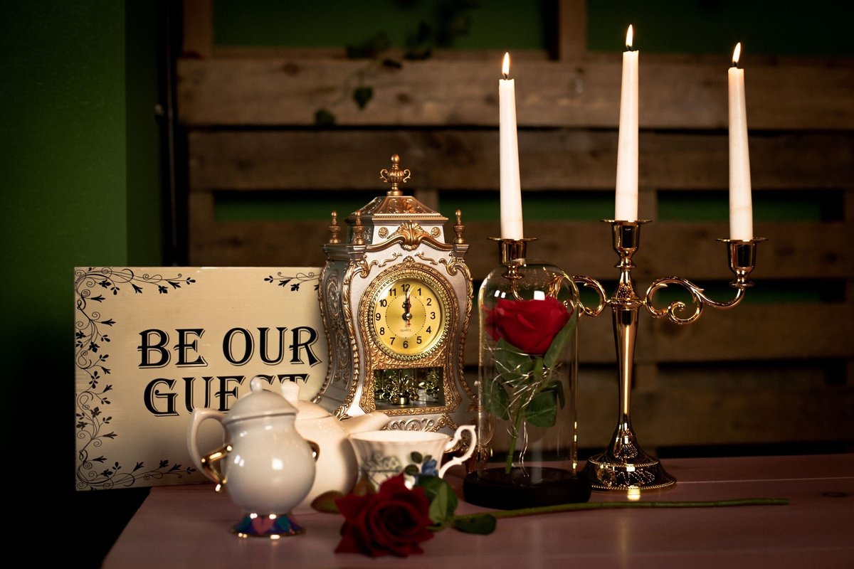Beauty and the Beast Centrepiece Clock, Gold Candelabra,Teapot,Tea Cup,Rose Dome, Sugar Pot,Rose Petals,Single Rose,Sign Fairytale Wedding