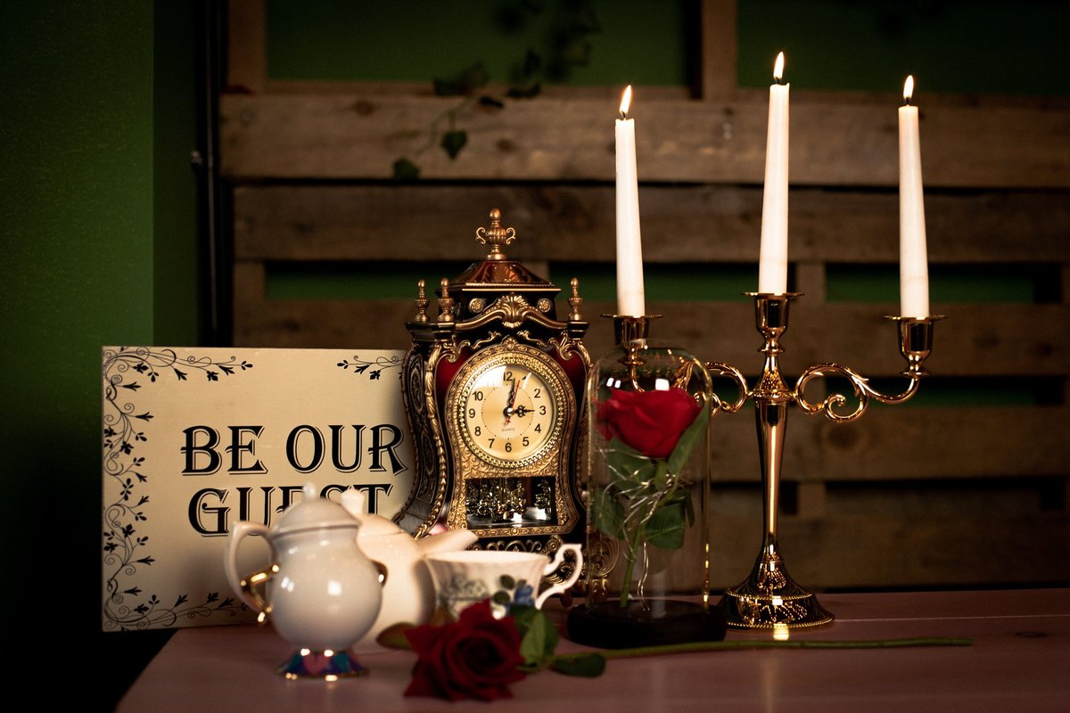 Beauty and the Beast Centrepiece Clock, Gold Candelabra,Teapot,Tea Cup,Rose Dome, Sugar Pot,Rose Petals,Single Rose,Sign Fairytale Wedding