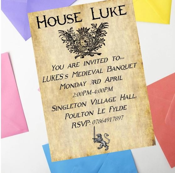 Medieval Birthday Invites Invitations Personalised Personalized Perfect for Castle and Knights, Coat of Arms Themed Birthday Party Parties