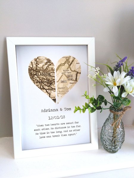 Couples Map Framed Print!Personalised Personalized With Name and Date! Wedding,Paper Anniversary,Engagement Gift, Present, Honeymoon Travels