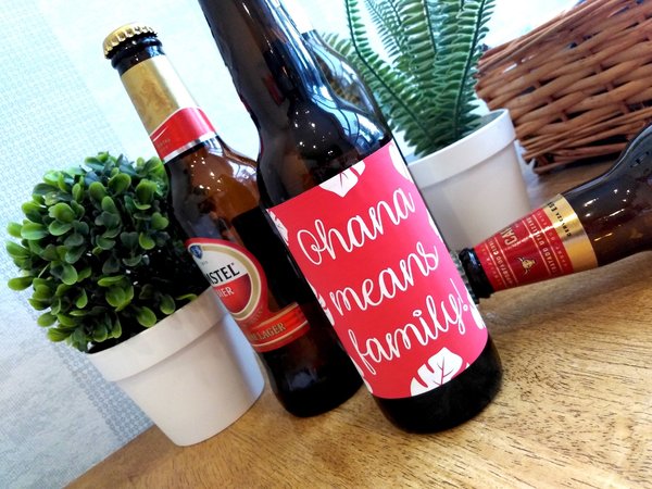 Ohana Means Family Bottle Label For Beer, Gin, Prosecco Perfect For Hawaiian, Fairytale Themed Wedding Favours,Favor,Centrepiece Gift