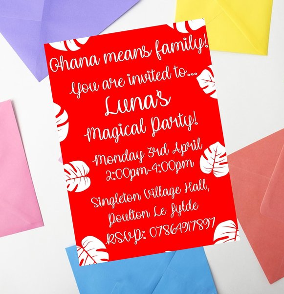 Ohana Means Family Invites Perfect For Hawaiian, Fairytale, Birthday, Wedding Invitations Personalised Personalized Custom Invites Red Leaf