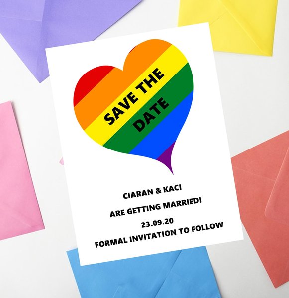 Love Heart Save The Date Birthday Wedding Invites Invitations Personalised Personalized Perfect for Gay Lesbian Weddings Rainbow Themed