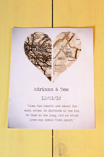 Couples Map Print!Personalised Personalized With Name and Date! Wedding,Paper Anniversary,Engagement Gift, Present, Honeymoon Travels