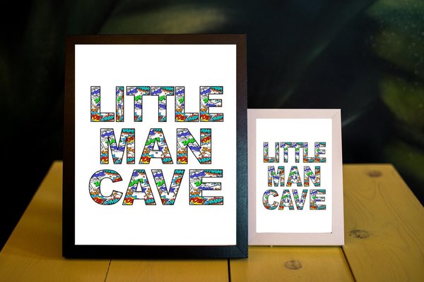 Little Man Cave Framed Print Sign Signage Bedroom Door Playroom Sign Plaque Superhero Comic Book Themed Personalised Custom Persoalized