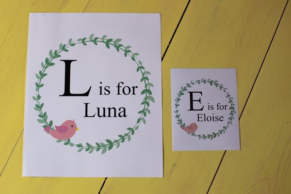 Alphabet Letter Poster Print Featuring Name and Letter Personalised Personalized Baby Shower, New Born Baby Girl Christening Signage Sign