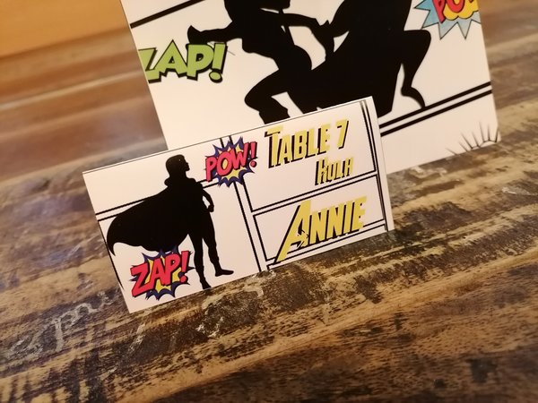 Comic Book Style Wedding Menu,Table Name & Name Place Cards Superhero Comic Weddings, Parties, Comic Con, Events,Table Decorations Name Card