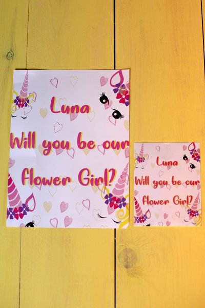 Unicorn Poster Print Christening, Hen Do Will You Be Our Flower Girl?Personalised Personalized Custom Birthday Banner Unicorn Party Bags