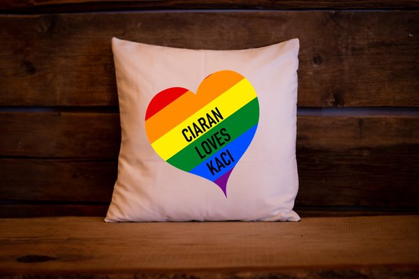 Pride Rainbow Heart Cushion With Personalised Personalized Names. Perfect for LGBT Weddings, Favours Favors, Birthday, Wedding, Gay, Lesbian